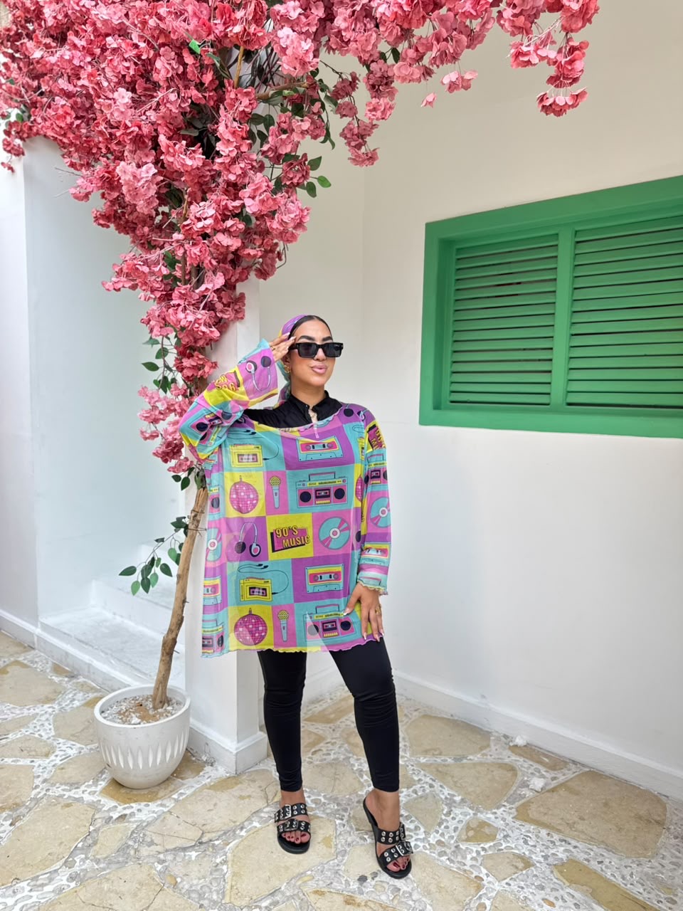 90's Music Print Tulle Cover-Up & Scarf Set
