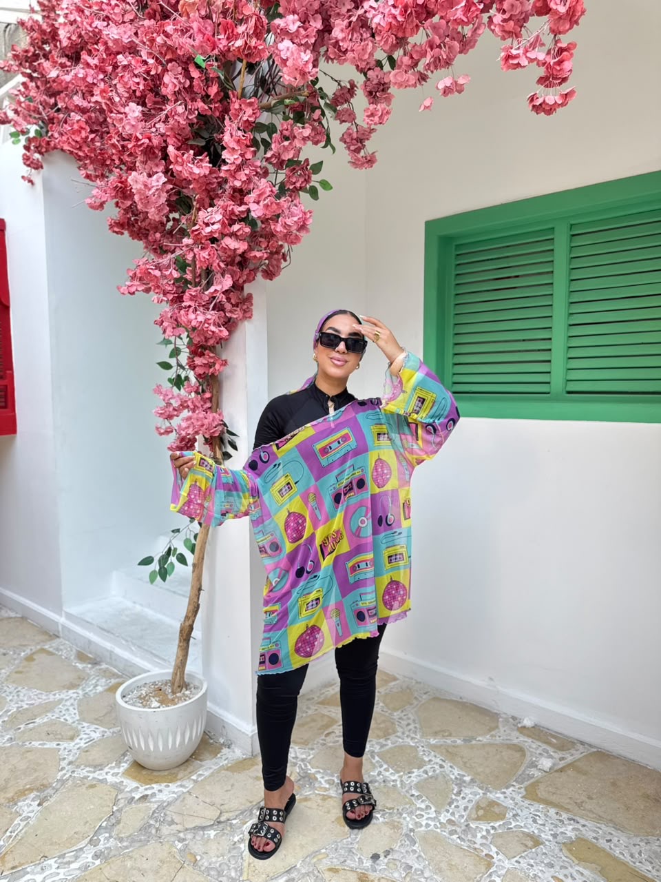 90's Music Print Tulle Cover-Up & Scarf Set