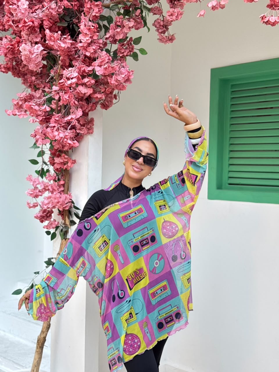 90's Music Print Tulle Cover-Up & Scarf Set