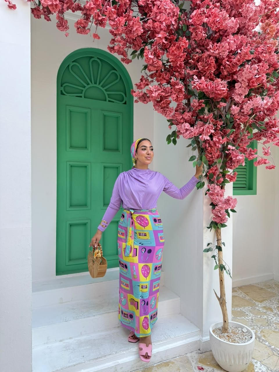90's Music Print Wrap Skirt & Scarf Set