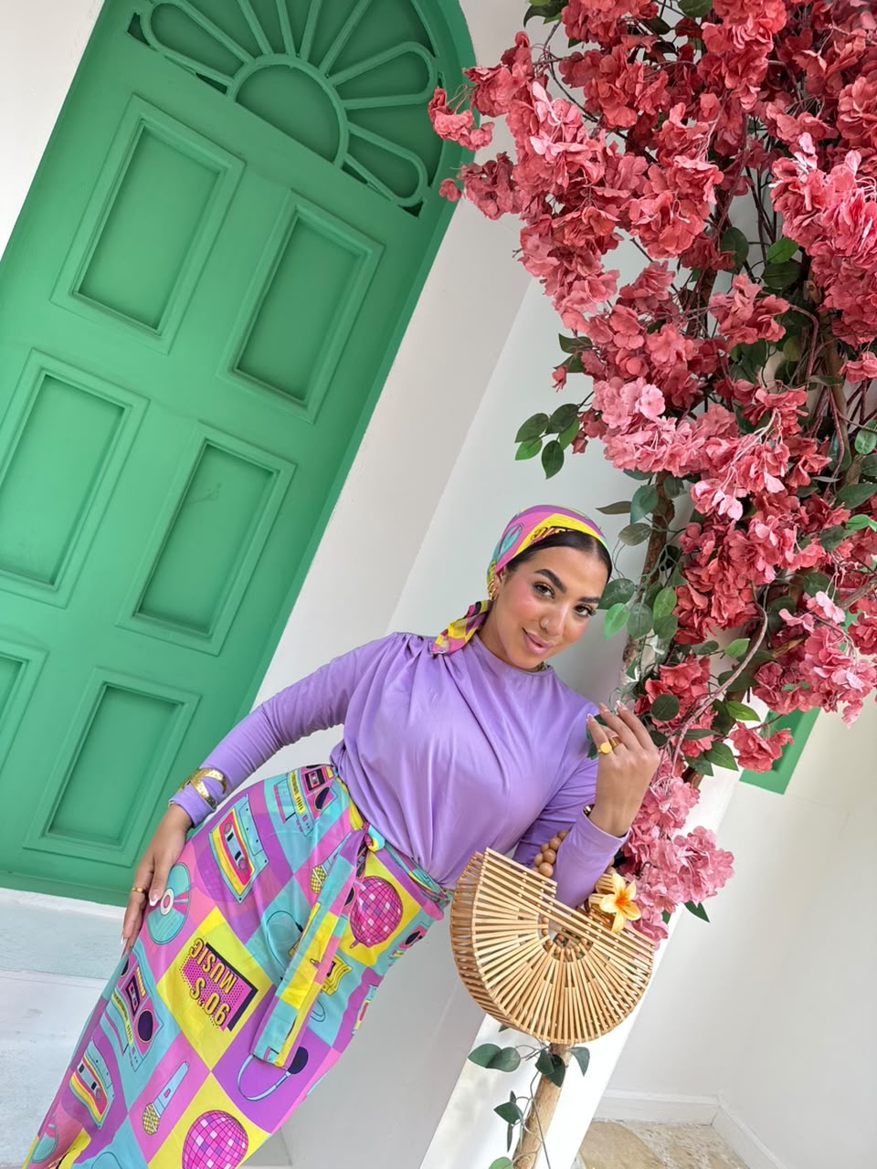 90's Music Print Wrap Skirt & Scarf Set