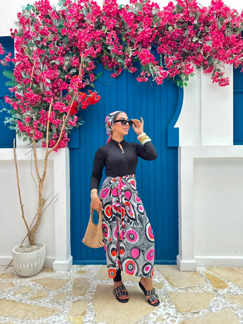 Abstract Mosaic Print Wrap Skirt & Scarf Set