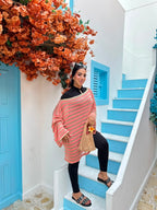 Coral & Gold Striped Crochet Poncho Cover-Up