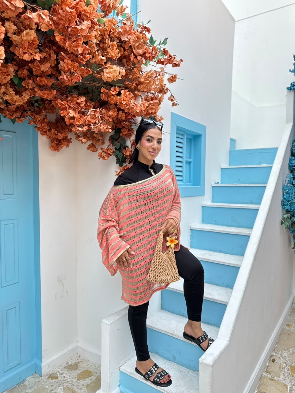 Coral & Gold Striped Crochet Poncho Cover-Up