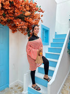 Coral & Gold Striped Crochet Poncho Cover-Up