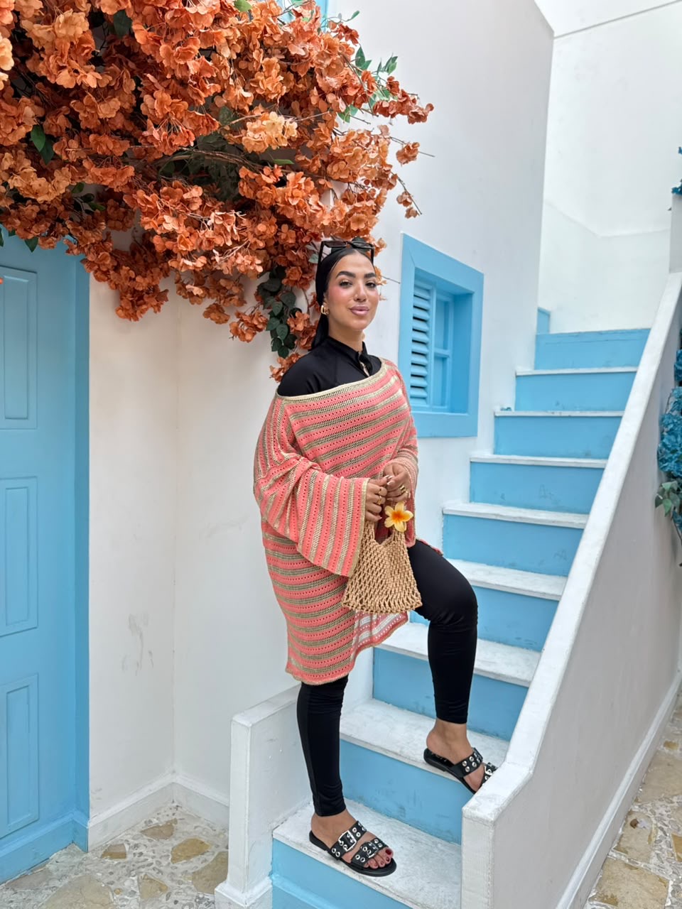 Coral & Gold Striped Crochet Poncho Cover-Up