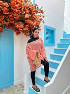 Coral & Gold Striped Crochet Poncho Cover-Up