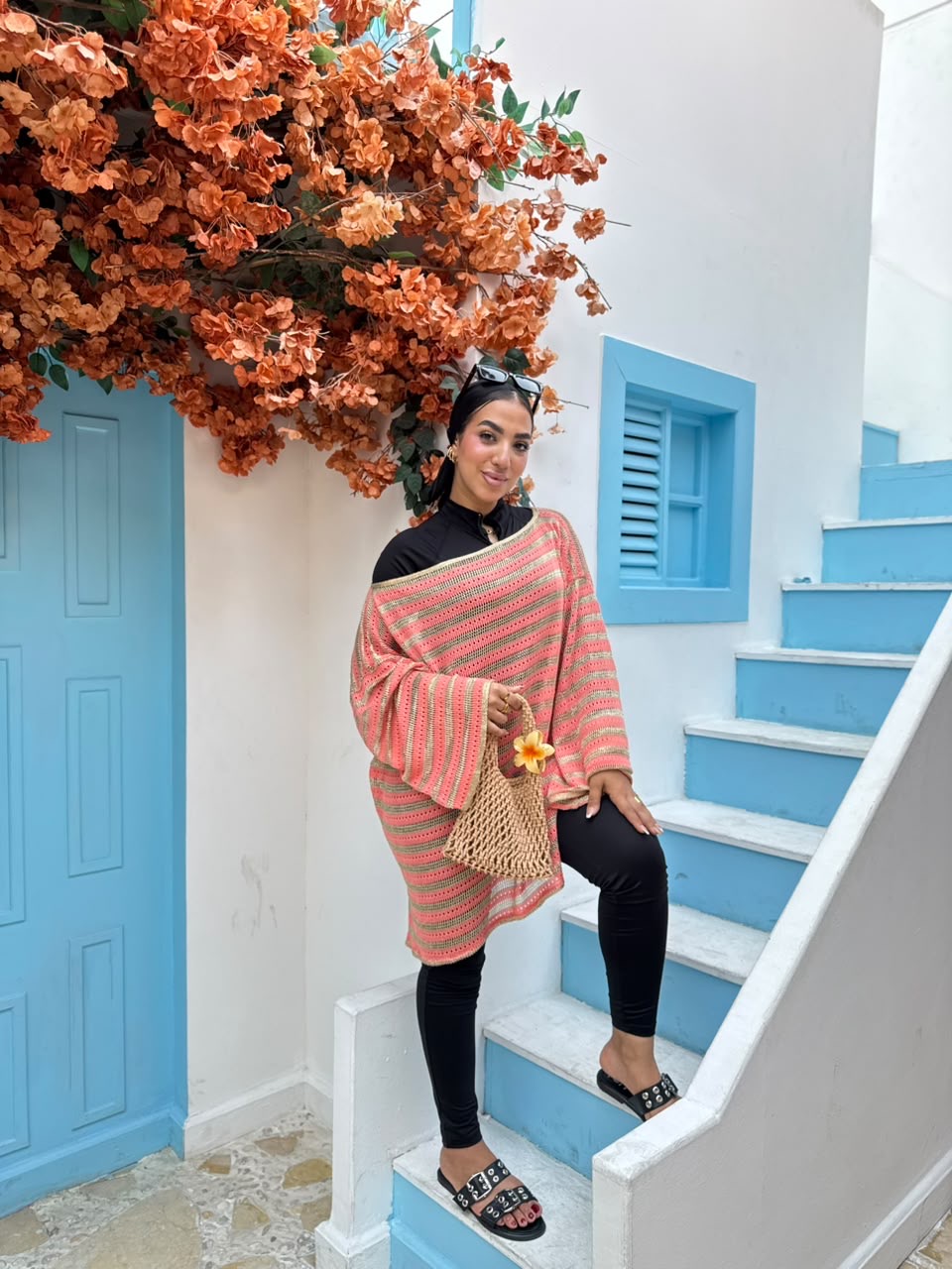 Coral & Gold Striped Crochet Poncho Cover-Up
