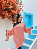 Coral & Gold Striped Crochet Poncho Cover-Up