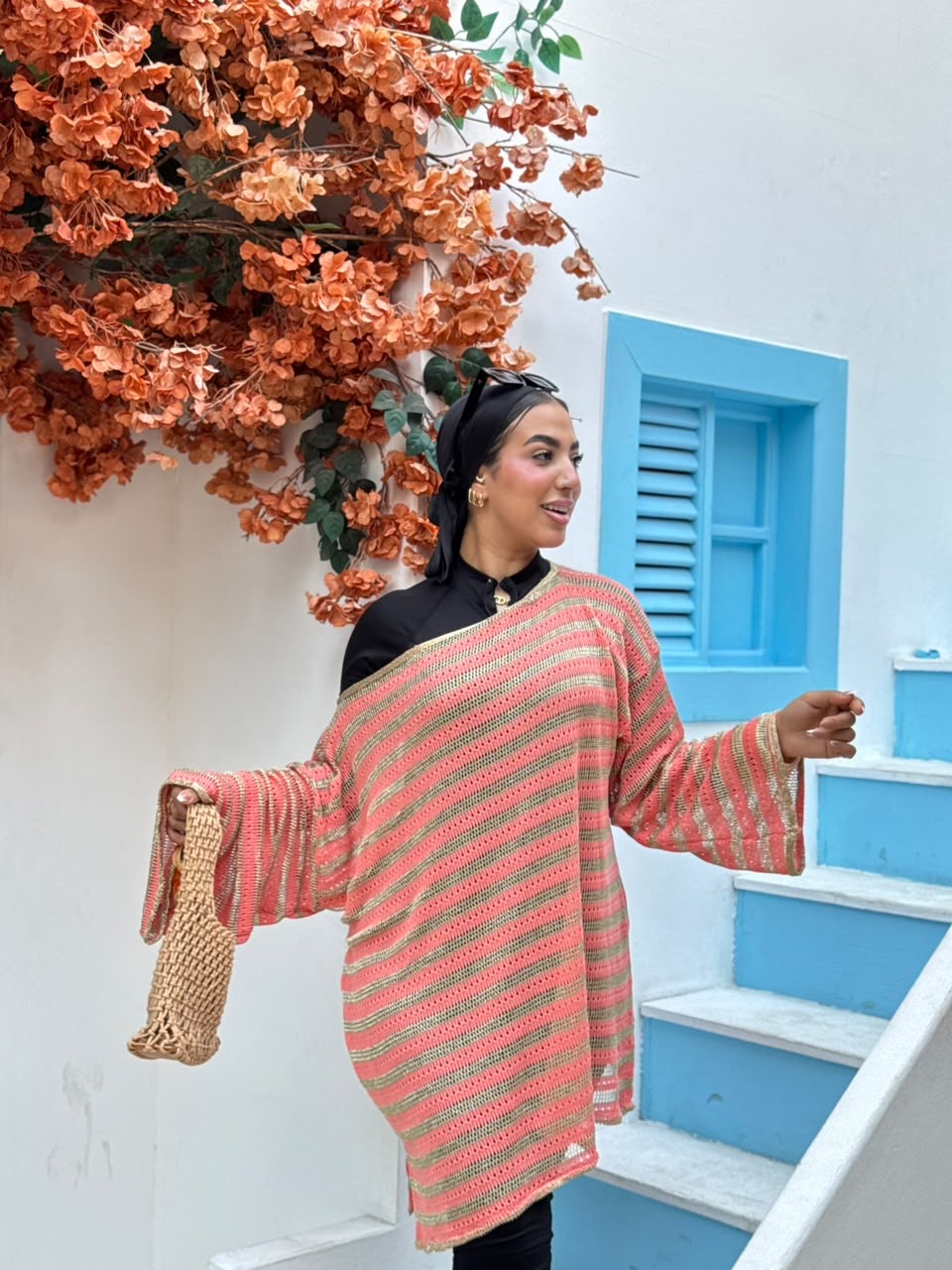 Coral & Gold Striped Crochet Poncho Cover-Up