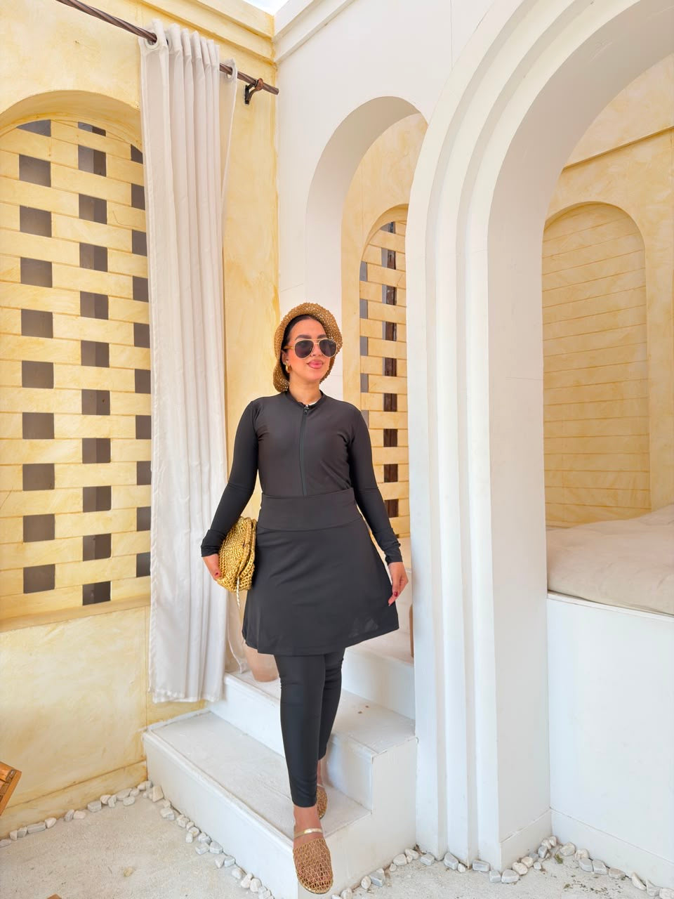 Elegant Zip-Front Burkini with Skirt – Black