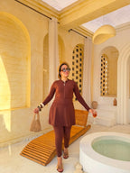 Elegant Zip-Front Burkini with Skirt – Brown