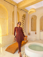 Elegant Zip-Front Burkini with Skirt – Brown