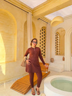 Elegant Zip-Front Burkini with Skirt – Brown