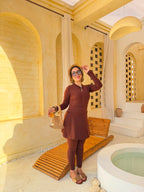 Elegant Zip-Front Burkini with Skirt – Brown