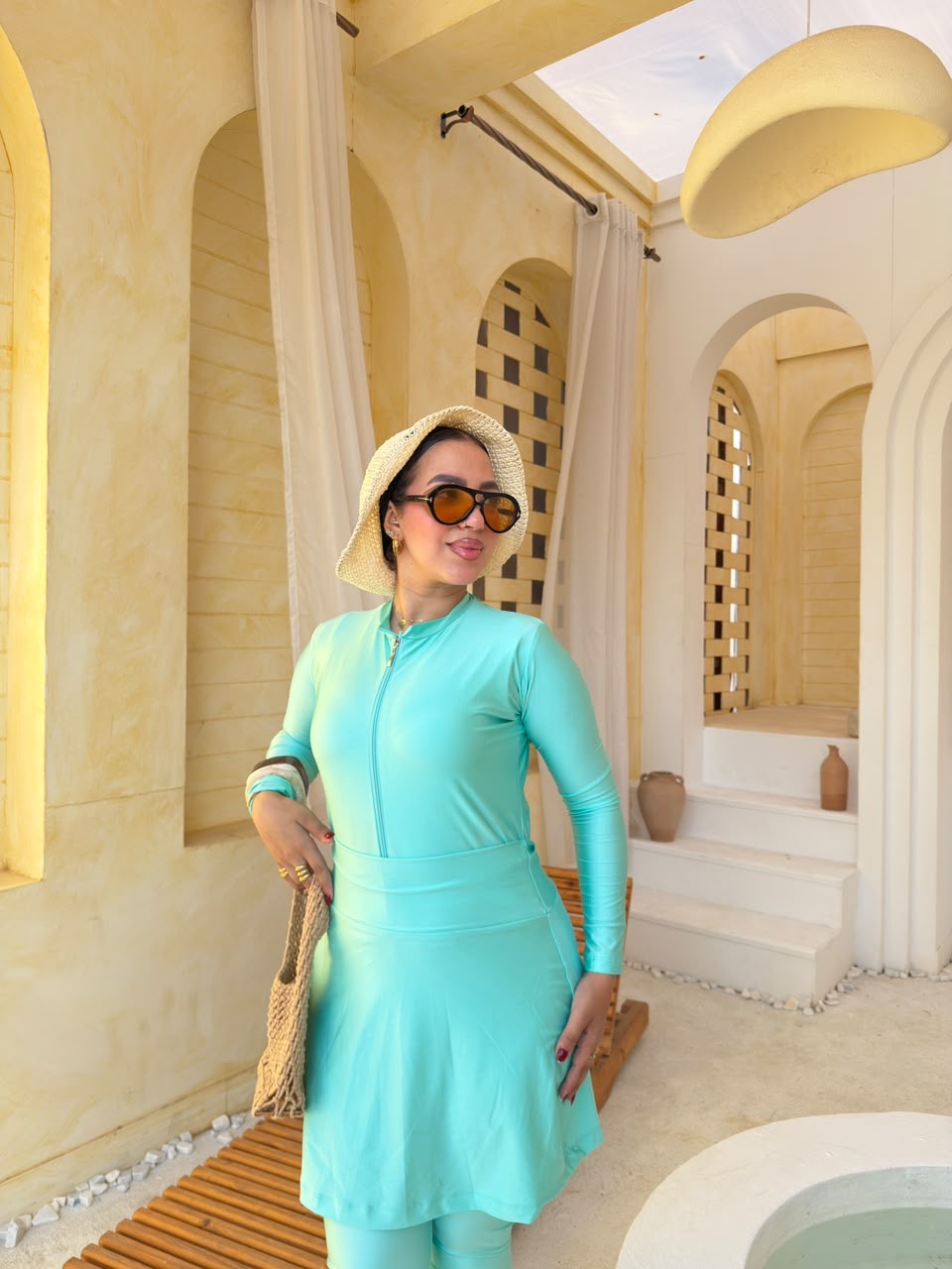 Elegant Zip-Front Burkini with Skirt – Mint Green