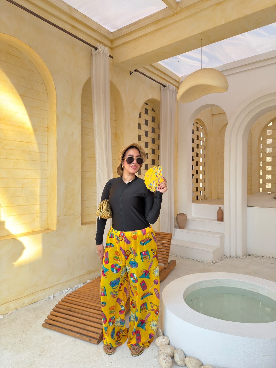 Retro Icons Print Wide-Leg Cover-Up Pants – Yellow