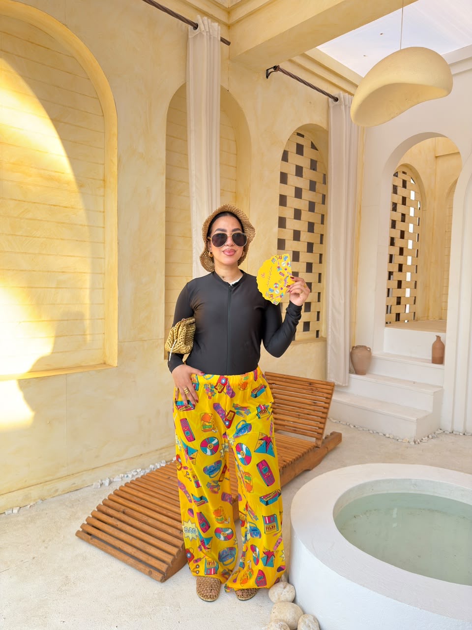 Retro Icons Print Wide-Leg Cover-Up Pants – Yellow