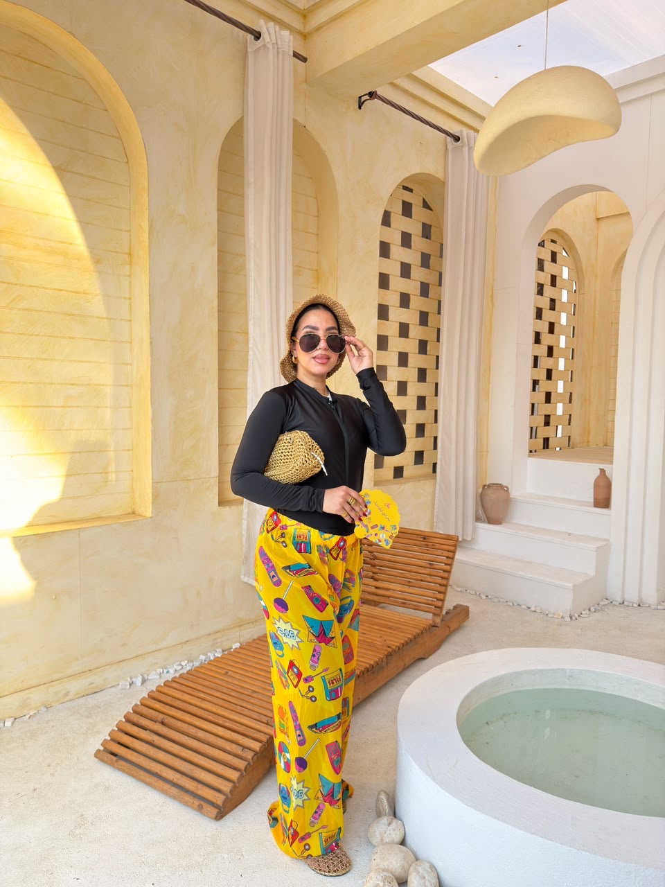 Retro Icons Print Wide-Leg Cover-Up Pants – Yellow