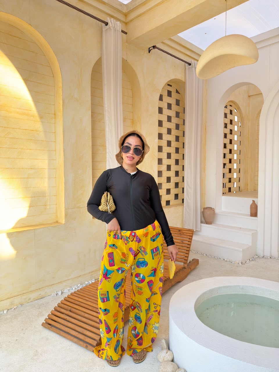 Retro Icons Print Wide-Leg Cover-Up Pants – Yellow