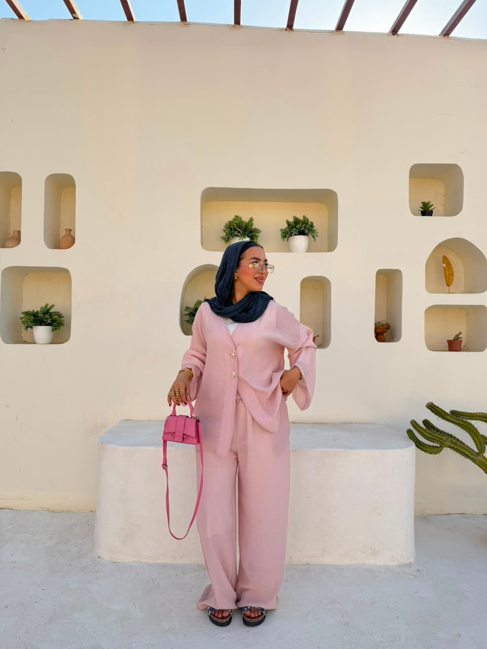 Star-Button Pure Linen Lined Set – Powder Pink